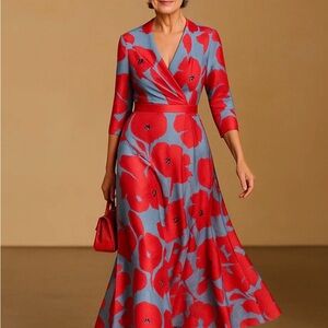 Elegant Red and Blue Floral Wrap Dress